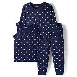 Babyhug Knit Full Sleeves Thermal Inner Wear Vests & Pant Set with Polka Dots Print - Navy Blue