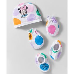 Babyhug Disney Interlock Knit Cap Mittens & Booties With Minnie Mouse Graphics White - Diameter 10 cm