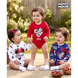 Babyhug Disney Interlock Knit Full Sleeve Onesies with Minnie Mouse Graphics Pack of 3 - Red Blue & White