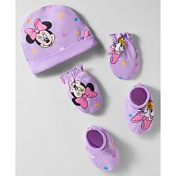 Babyhug Disney Interlock Knit Cap Mittens & Booties With Minnie & Friends Print Lavender - Diameter 11 cm