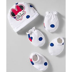 Babyhug Disney Interlock Knit Cap Mittens & Booties With Minnie Mouse Print White - Diameter 10 cm