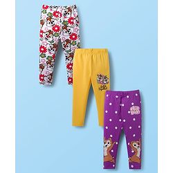 Babyhug Disney Cotton Lycra Knit Full Length Leggings with Chip'N Dale Graphics Pack of 3 - White Yellow & Purple