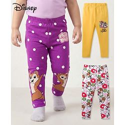 Babyhug Disney Cotton Lycra Knit Full Length Leggings with Chip'N Dale Graphics Pack of 3 - White Yellow & Purple