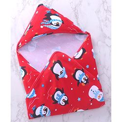 Babyhug Cotton Knit Hooded  Wrapper With Animal Print  L 76.5 x B 76.5 cm - Red