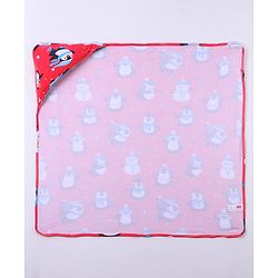 Babyhug Cotton Knit Hooded  Wrapper With Animal Print  L 76.5 x B 76.5 cm - Red