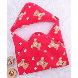 Babyhug Cotton Knit Hooded  Wrapper With Animal Print  L 76.5 x B 76.5 cm - Red