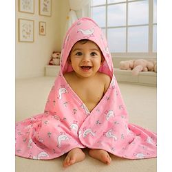 Babyhug Cotton Knit Hooded  Wrapper With Animal Print  L 76.5 x B 76.5 cm - Red