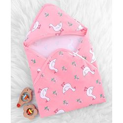Babyhug Cotton Knit Hooded  Wrapper With Animal Print  L 76.5 x B 76.5 cm - Red