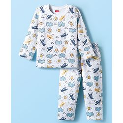 Babyhug Quilted Knit Full Sleeves Winter Wear Co-ords Night Suit With Vehicle Print - White
