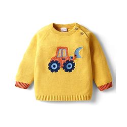 Babyhug Organic Cotton Knit Full Sleeves Vehicles Embroidered Pullover Sweater Set With Stripes & Cap - Mustard