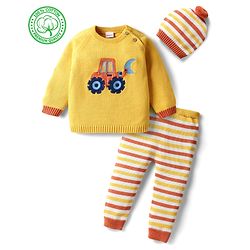 Babyhug Organic Cotton Knit Full Sleeves Vehicles Embroidered Pullover Sweater Set With Stripes & Cap - Mustard