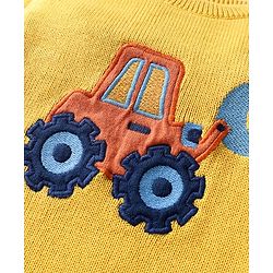 Babyhug Organic Cotton Knit Full Sleeves Vehicles Embroidered Pullover Sweater Set With Stripes & Cap - Mustard