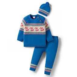 Babyhug Organic Cotton Knitted Full Raglan Sleeves Sweater Set With Fox Design & Cap - Blue