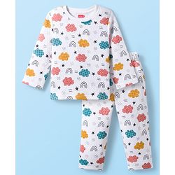 Babyhug Quilted Knit Full Sleeves Winter Wear Co-Ords Night Suit With Cloud Print - White