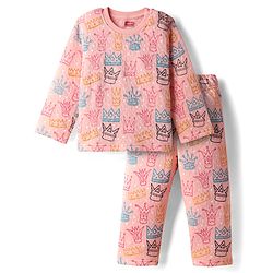 Babyhug Quilted Knit Full Sleeves Winter Wear Co-Ords Night Suit With Crown Print - Pink