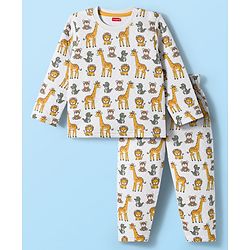 Babyhug Quilted Knit Full Sleeves Winter Wear Co-Ords Night Suit With Animal Print - White