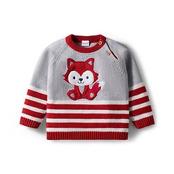 Babyhug Organic Cotton Knit Full Raglan Sleeves Striped Pullover Sweater Set with Cap & Fox Patch Detailing - Red