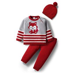 Babyhug Organic Cotton Knit Full Raglan Sleeves Striped Pullover Sweater Set with Cap & Fox Patch Detailing - Red
