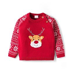 Babyhug Organic Cotton Knit Full Raglan Sleeves Sweater Set with Cap Reindeer Patch & Fair Isle Design - Red