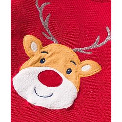 Babyhug Organic Cotton Knit Full Raglan Sleeves Sweater Set with Cap Reindeer Patch & Fair Isle Design - Red