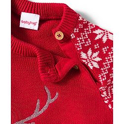 Babyhug Organic Cotton Knit Full Raglan Sleeves Sweater Set with Cap Reindeer Patch & Fair Isle Design - Red