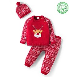 Babyhug Organic Cotton Knit Full Raglan Sleeves Sweater Set with Cap Reindeer Patch & Fair Isle Design - Red