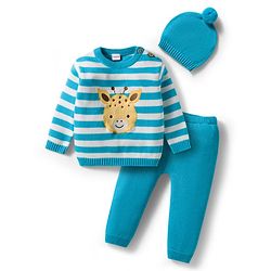 Babyhug Knit Full Sleeves Sweater Set With Animal Embriodery & Cap - Blue