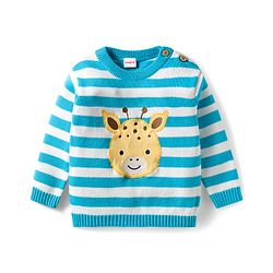 Babyhug Knit Full Sleeves Sweater Set With Animal Embriodery & Cap - Blue
