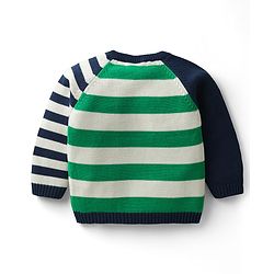 Babyhug Organic Cotton Knit Full Raglan Sleeves Pullover Striped Sweater Set with Cap & Patch Detailing - Navy Blue & Green