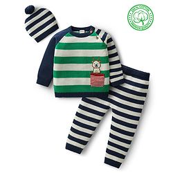Babyhug Organic Cotton Knit Full Raglan Sleeves Pullover Striped Sweater Set with Cap & Patch Detailing - Navy Blue & Green