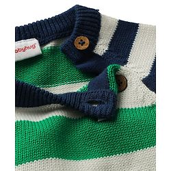 Babyhug Organic Cotton Knit Full Raglan Sleeves Pullover Striped Sweater Set with Cap & Patch Detailing - Navy Blue & Green