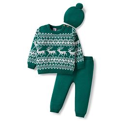 Babyhug Organic Cotton Knitted Full Sleeves Sweater Set With Deer Design & Cap - Green