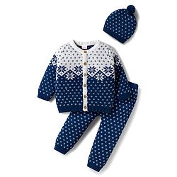 Babyhug Organic Cotton Knitted Full Sleeves Sweater Set With Floral Design & Cap - Navy Blue & White