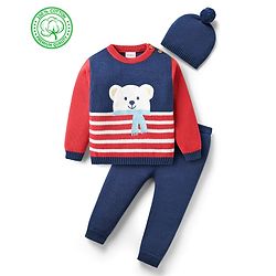 Babyhug Organic Cotton Knit Full Sleeves Sweater Sets with Cap & Panda Design - Red & Navy Blue