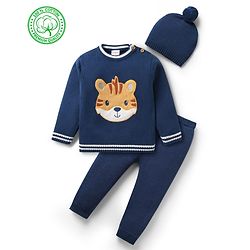 Babyhug Organic Cotton Knit Full Sleeves Sweater Sets with Cap & Tiger Design - Navy Blue