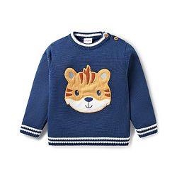 Babyhug Organic Cotton Knit Full Sleeves Sweater Sets with Cap & Tiger Design - Navy Blue