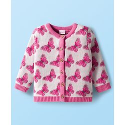 Babyhug Organic Cotton Knit Full Sleeves Front Open Sweater Set with Cap & Butterfly Design - Pink