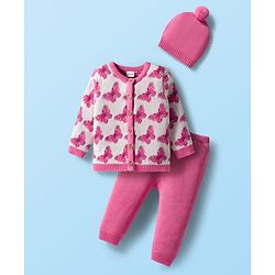 Babyhug Organic Cotton Knit Full Sleeves Front Open Sweater Set with Cap & Butterfly Design - Pink