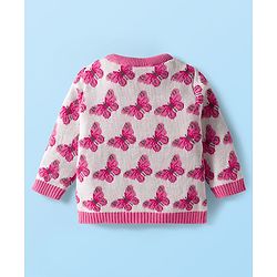 Babyhug Organic Cotton Knit Full Sleeves Front Open Sweater Set with Cap & Butterfly Design - Pink