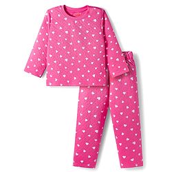 Babyhug Quilted Knit Full Sleeves Co-ord Winter Night Suit With Heart Print - Dark Pink