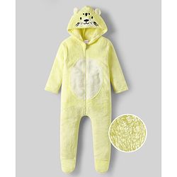 Babyhug Woven Full Sleeves Footed Winter Romper With Animal Ear Applique - Yellow