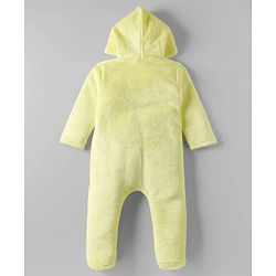 Babyhug Woven Full Sleeves Footed Winter Romper With Animal Ear Applique - Yellow