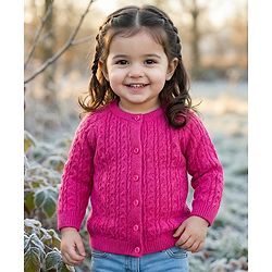 Babyhug Knit Full Raglan Sleeves Front Open Sweater with Cable Knit Design - Dark Pink