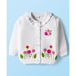 Babyhug Knit Full Sleeves Front Open Sweater with Floral Embroidery - White