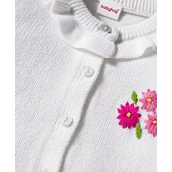 Babyhug Knit Full Sleeves Front Open Sweater with Floral Embroidery - White