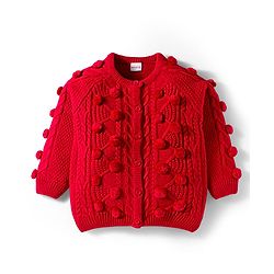 Babyhug Knit Full Raglan Sleeves Front Open Sweater with Cable Knit Design & Pom Pom Applique - Red