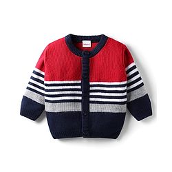 Babyhug Knit Full Sleeves Front Open Sweater With Stripes - Red