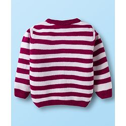 Babyhug Knitted Full Sleeves Striped Front Open Sweater - Wine & White