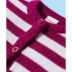 Babyhug Knitted Full Sleeves Striped Front Open Sweater - Wine & White