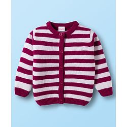 Babyhug Knitted Full Sleeves Striped Front Open Sweater - Wine & White